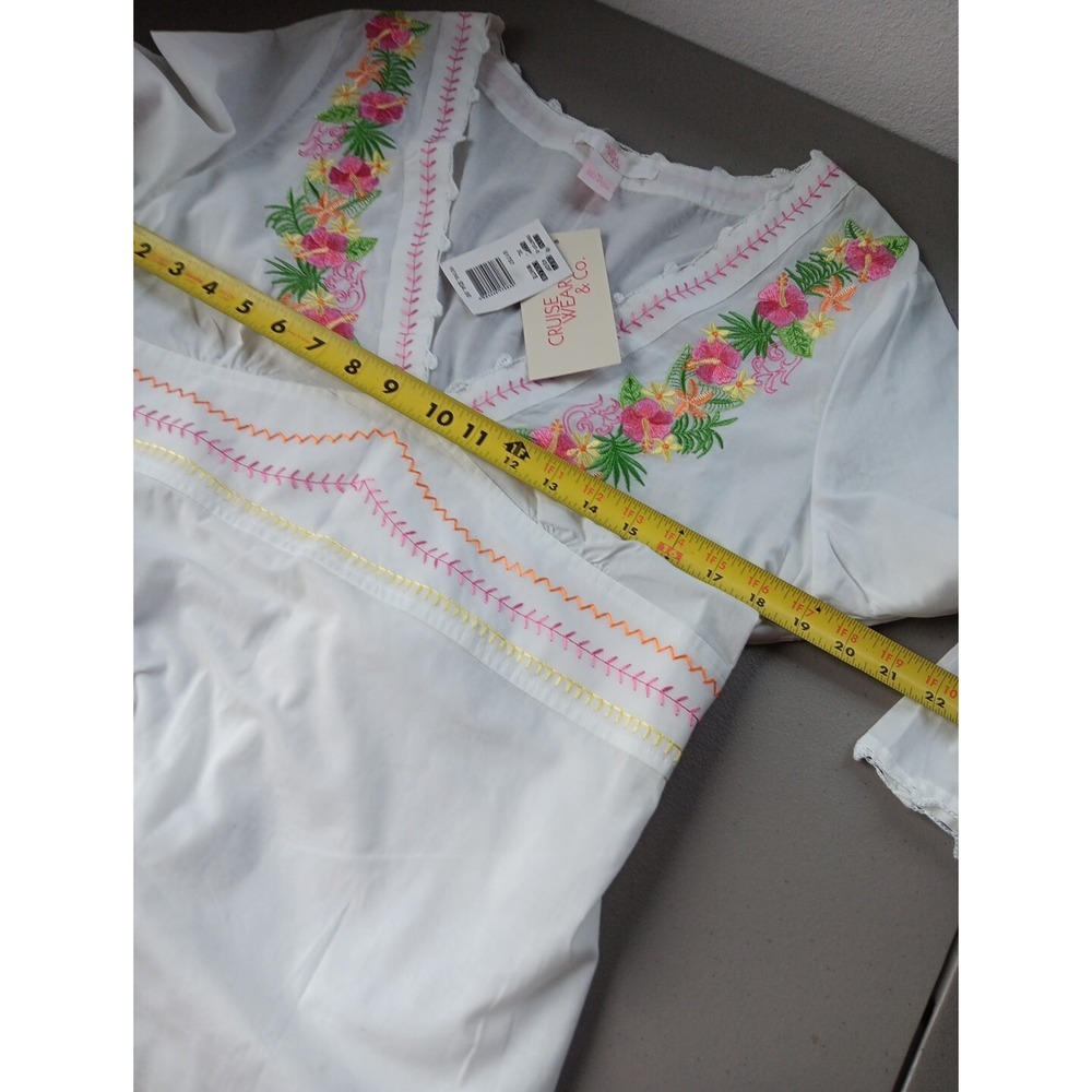 NEW Boho Tunic Mini Dress Womens XL White Cotton Pink Embroidery DEEP V Beachy - Picture 10 of 13